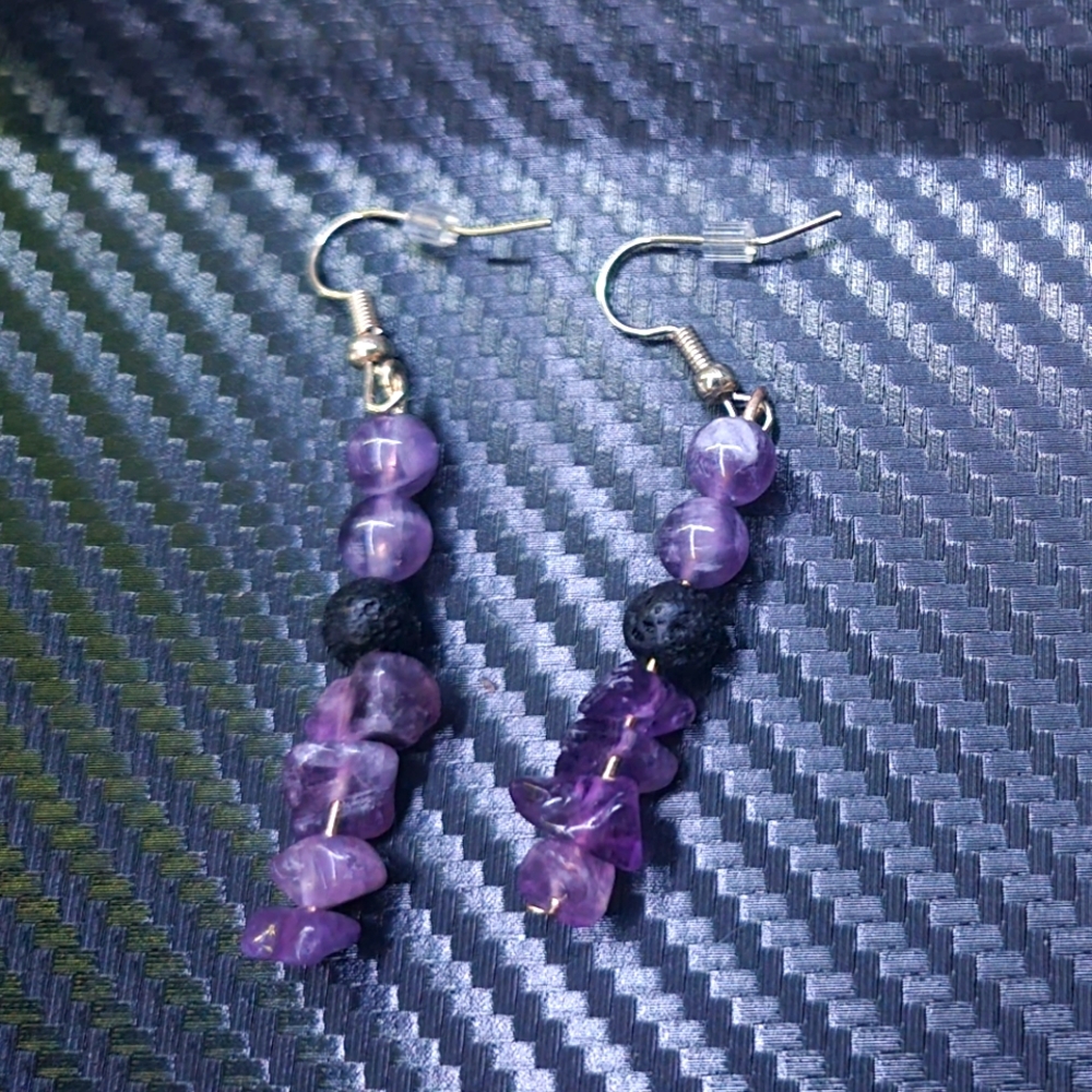 Amethyst crystal healing lava bead earrings